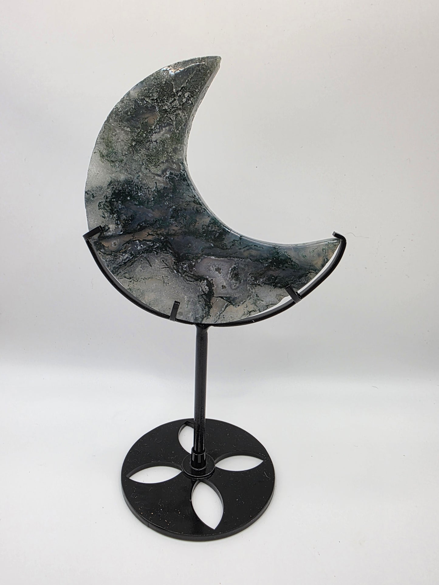 Luxe Moss Agate Crescent Moon on Black Stand – Statement Piece (20.5cm Tall)
