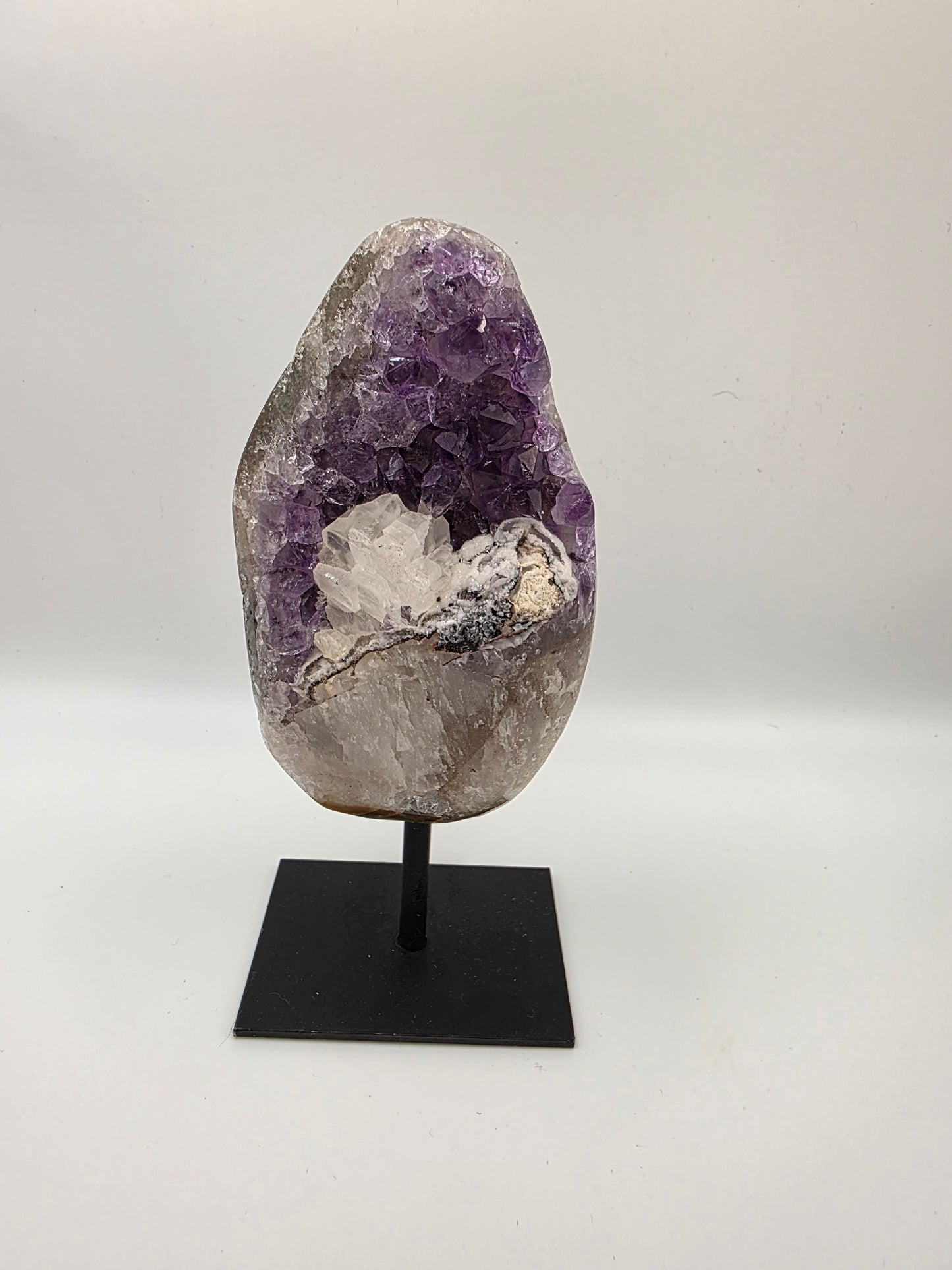 ✨ Brazilian Amethyst Cluster with Calcite Growth on Stand – 429g ✨