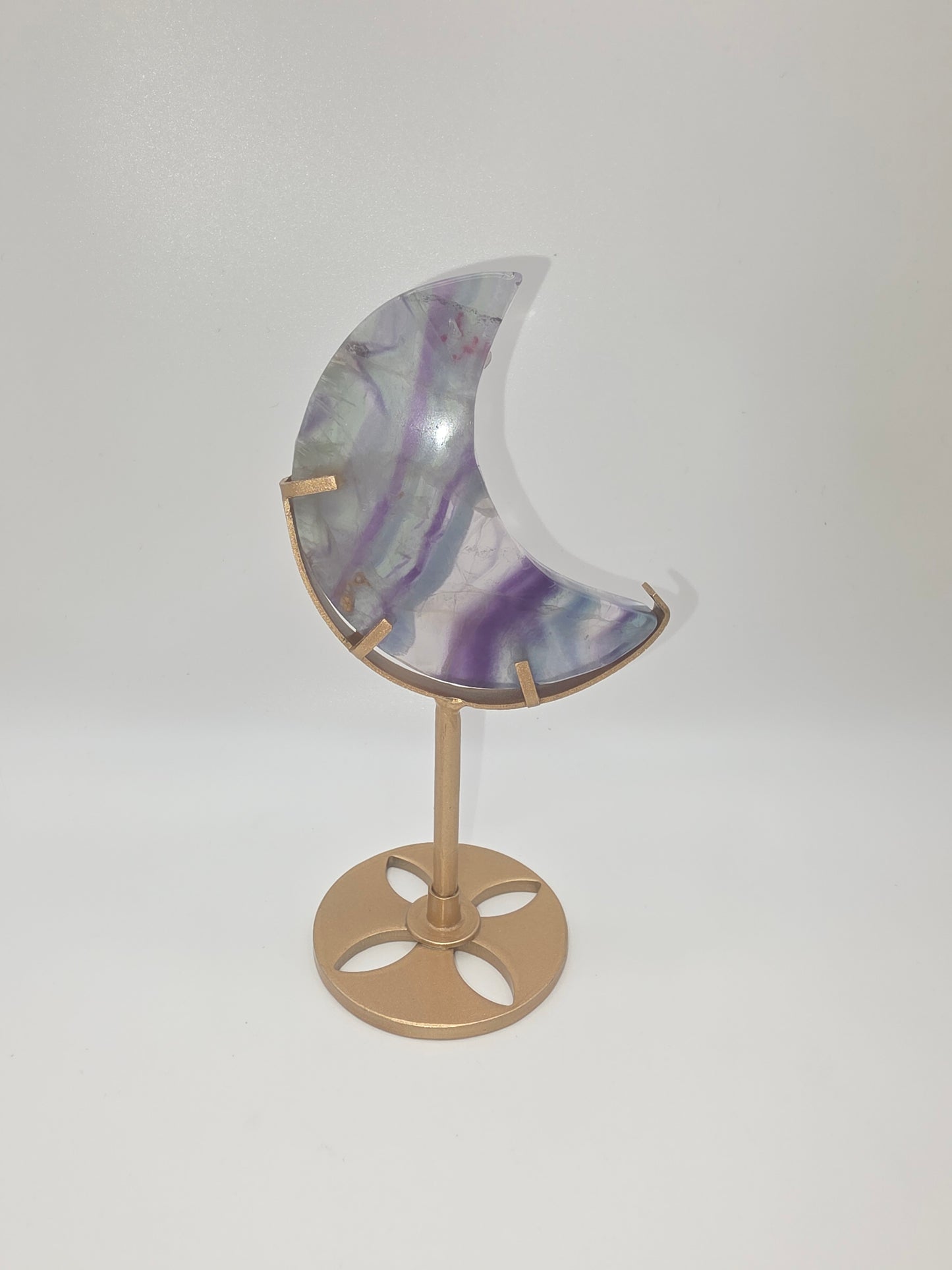 Fluorite Crescent Moon on Gold Stand β Statement Piece (15cm Tall)