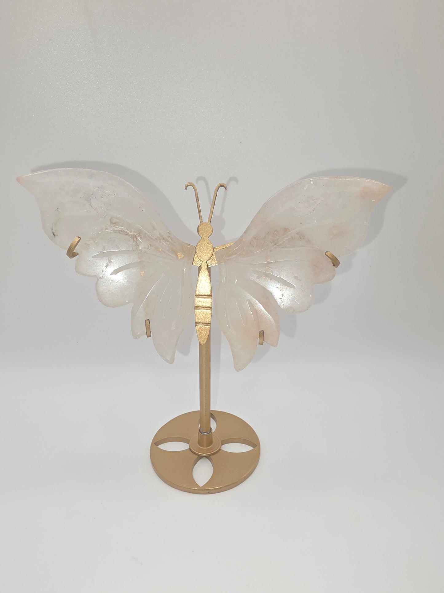 Flower Agate & Quartz Butterfly on Gold Stand – 15cm