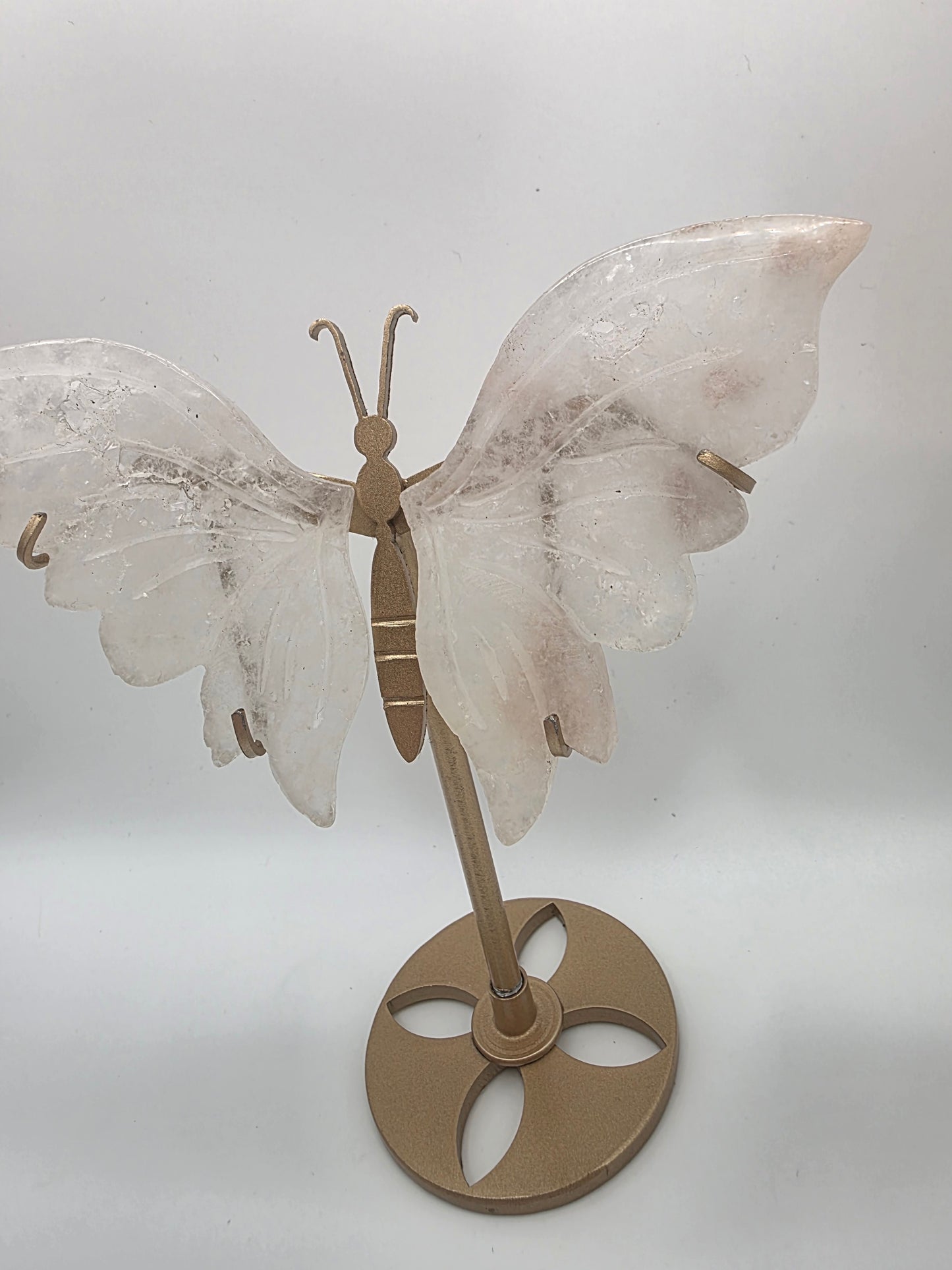Flower Agate & Quartz Butterfly on Gold Stand – 15cm