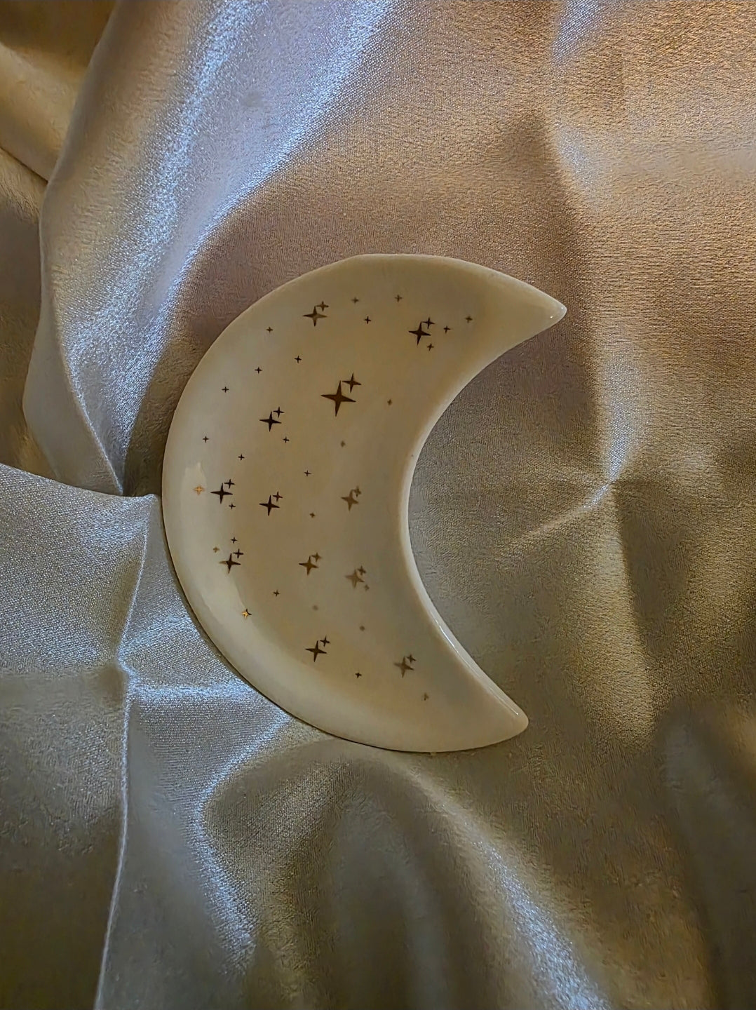 Mini Crescent Moon Trinket Dish β 10cm Ceramic with Gold Accents (Stars or Polka Dots)