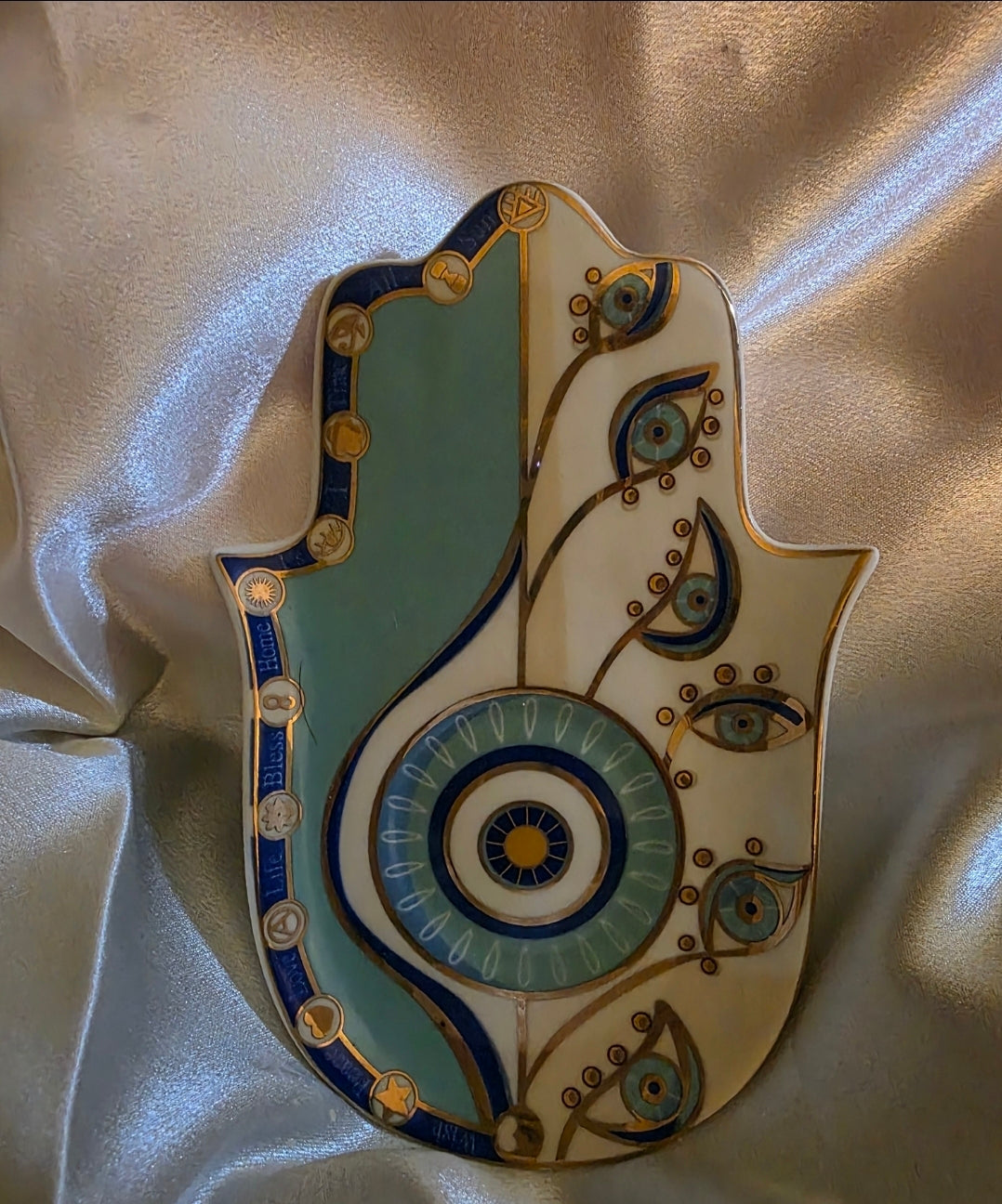 Ceramic Hamsa Evil Eye Trinket Dish – White, Blue, Turquoise & Gold
