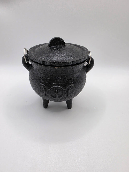 Cast Iron Cauldron with Lid & Handle – Triple Moon or Pentacle