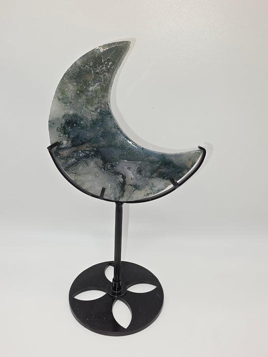 Luxe Moss Agate Crescent Moon on Black Stand – Statement Piece (20.5cm Tall)