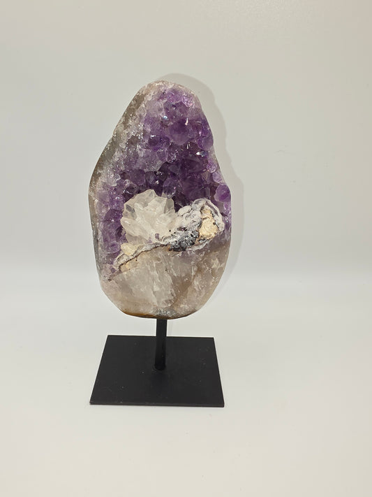 ✨ Brazilian Amethyst Cluster with Calcite Growth on Stand – 429g ✨
