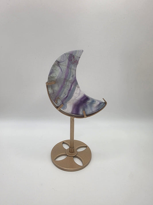Fluorite Crescent Moon on Gold Stand – Statement Piece (15cm Tall)