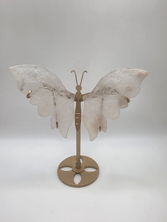 Flower Agate & Quartz Butterfly on Gold Stand – 15cm