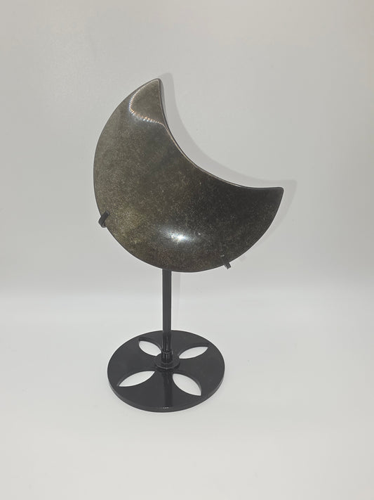 Gold Sheen Obsidian Crescent Moon on Stand – 18cm