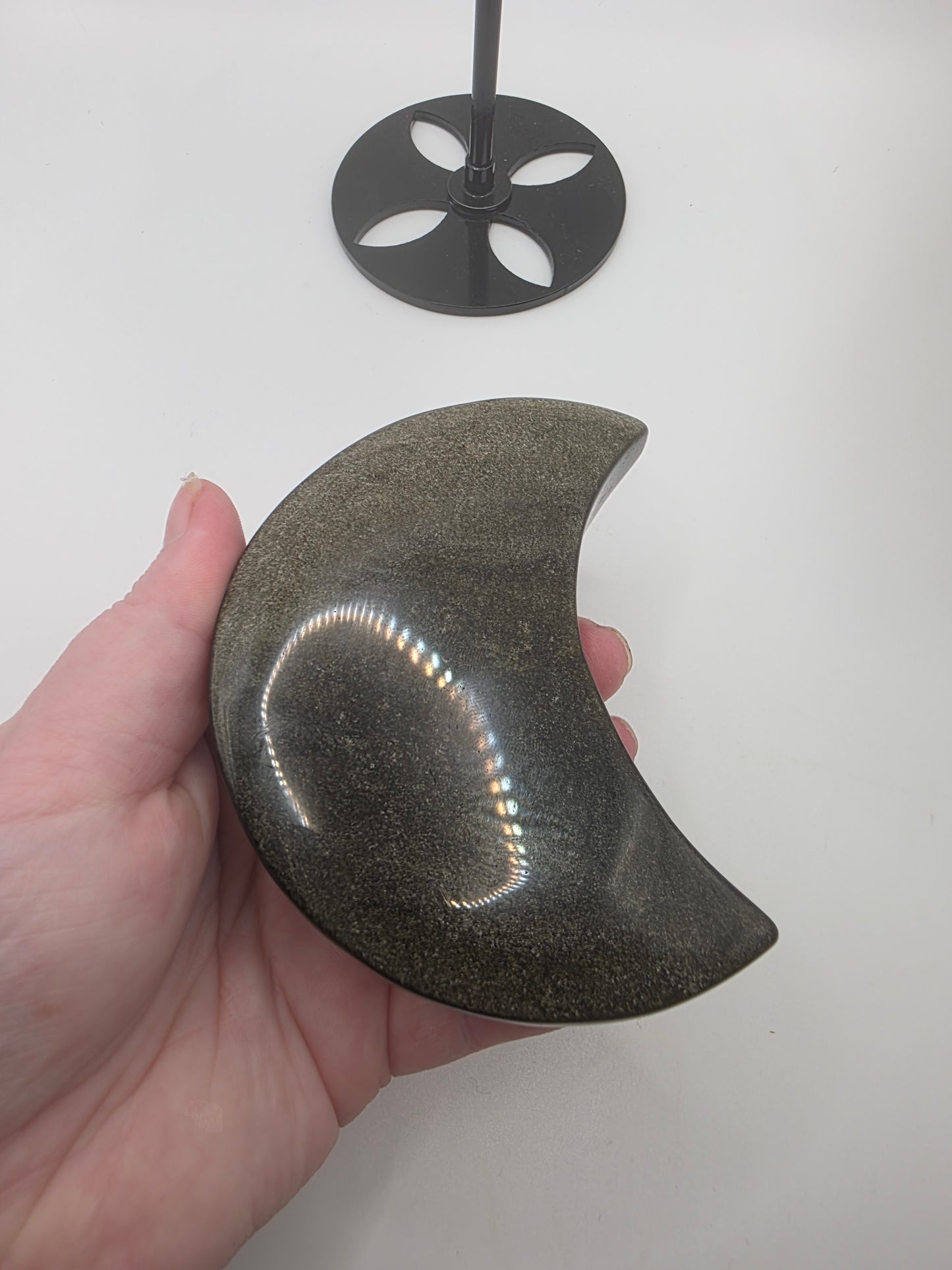 Gold Sheen Obsidian Crescent Moon on Stand – 18cm