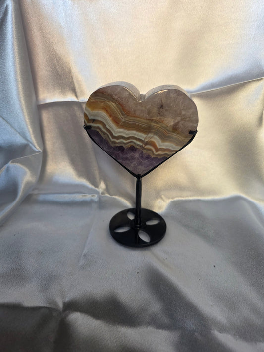 Mexican Agate & Amethyst Heart on Stand – Approx. 370g | 15cm