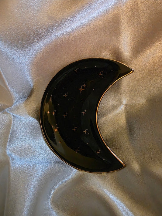 Mini Crescent Moon Trinket Dish – 10cm Ceramic with Gold Accents (Stars or Polka Dots)