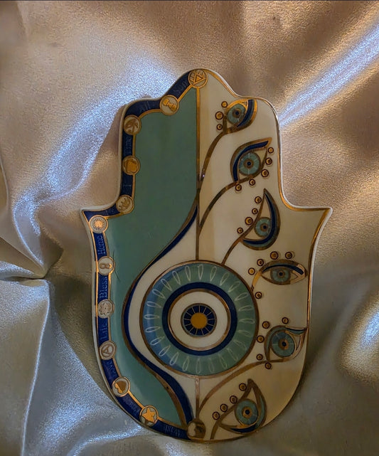Ceramic Hamsa Evil Eye Trinket Dish – White, Blue, Turquoise & Gold
