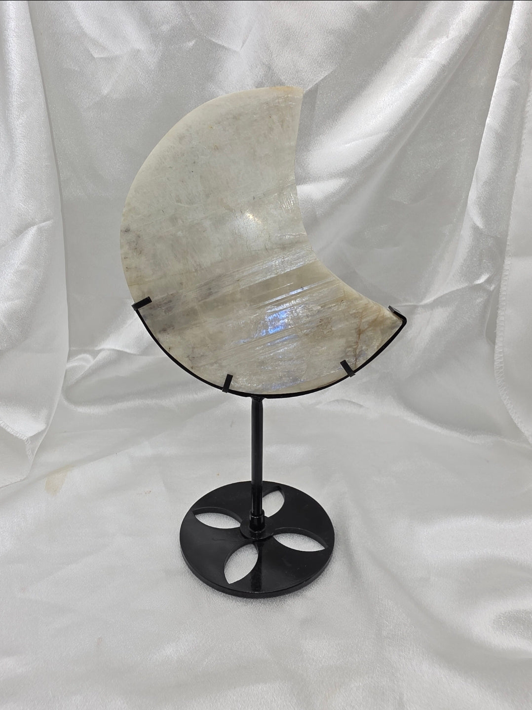 Blue Moonstone Crescent Moon Statement Piece on Black Metal Stand – 21.5cm