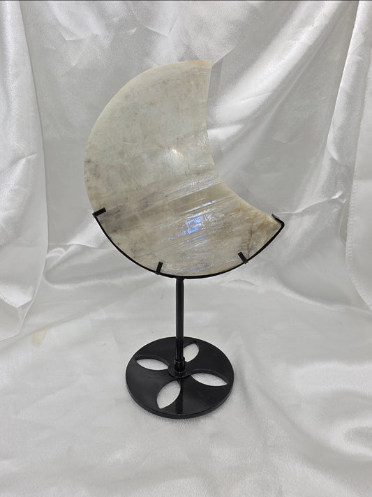 Blue Moonstone Crescent Moon Statement Piece on Black Metal Stand – 21.5cm