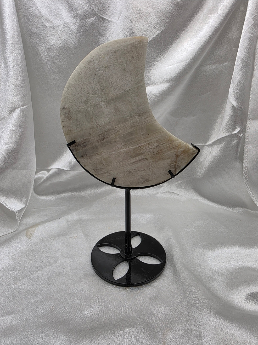 Blue Moonstone Crescent Moon Statement Piece on Black Metal Stand – 21.5cm