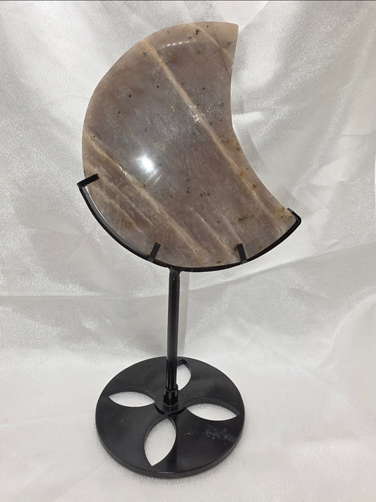 Blue Moonstone Crescent Moon Statement Piece on Black Metal Stand – 20cm