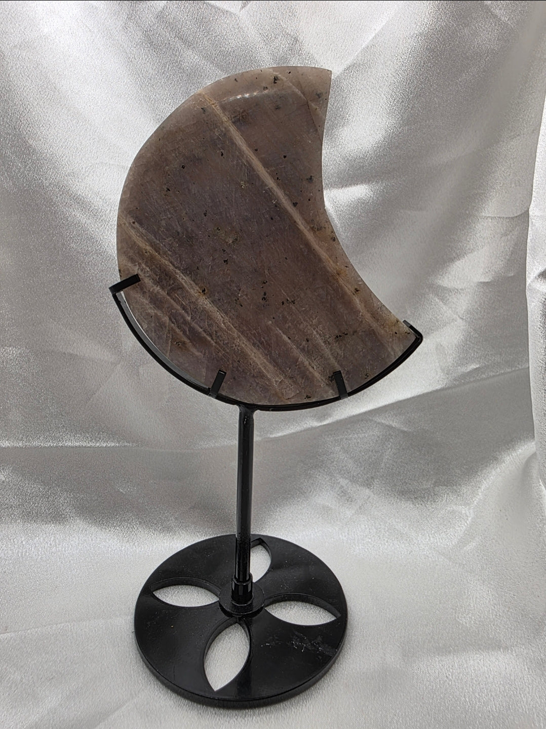 Blue Moonstone Crescent Moon Statement Piece on Black Metal Stand – 20cm