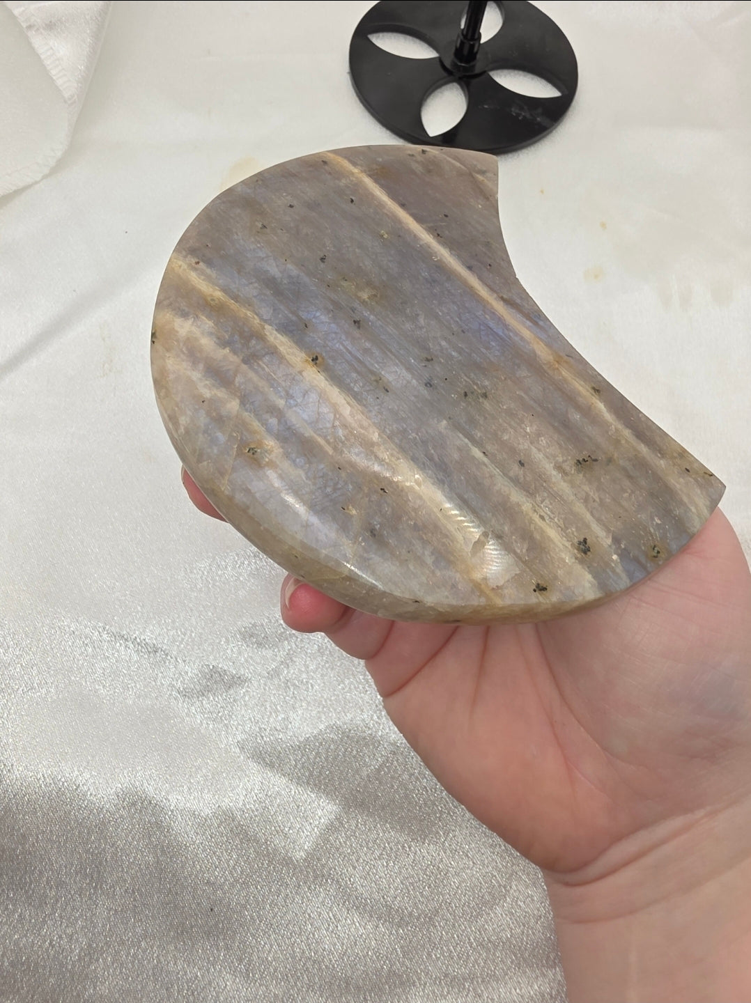 Blue Moonstone Crescent Moon Statement Piece on Black Metal Stand – 20cm