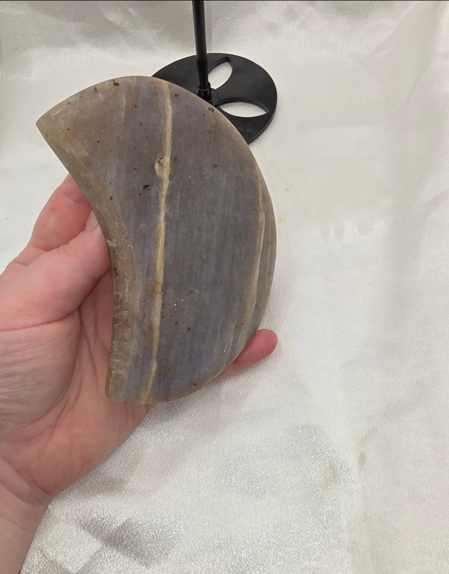 Blue Moonstone Crescent Moon Statement Piece on Black Metal Stand – 20cm