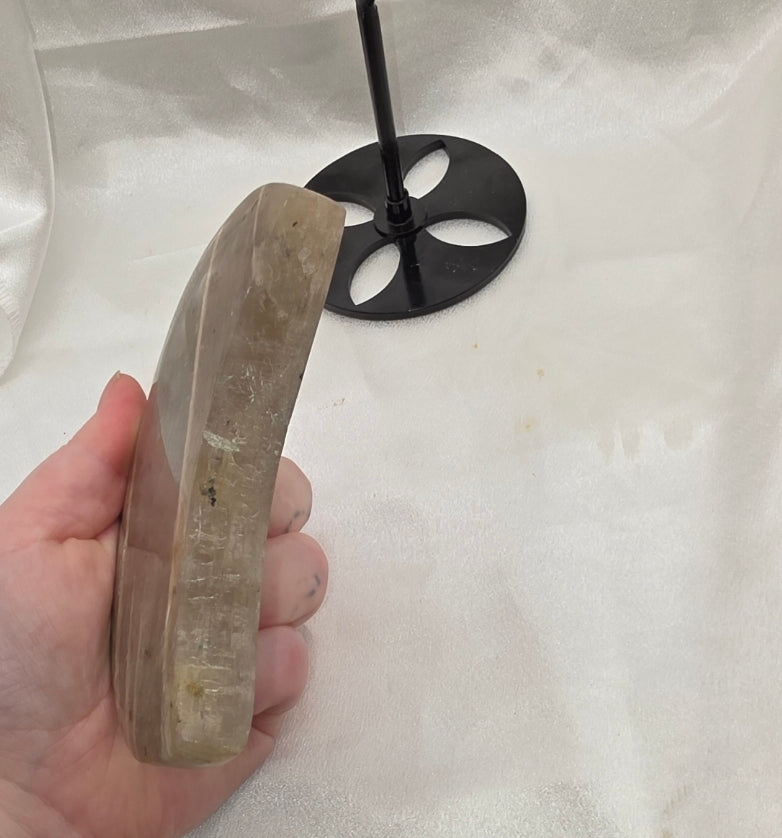 Blue Moonstone Crescent Moon Statement Piece on Black Metal Stand – 20cm