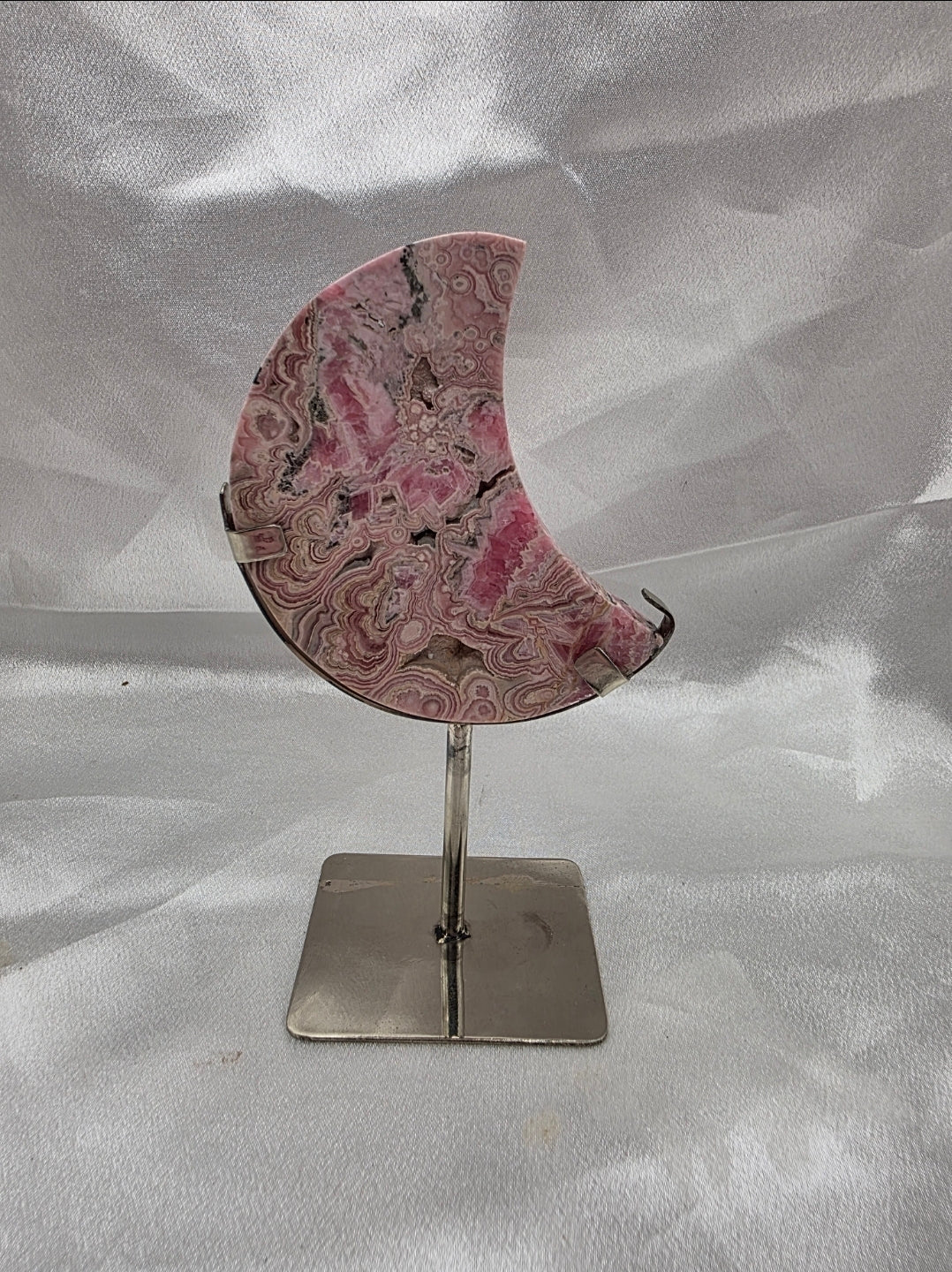 Rhodochrosite Crescent Moon on Custom Silver Stand – Medium (Collector’s Piece • Argentina)