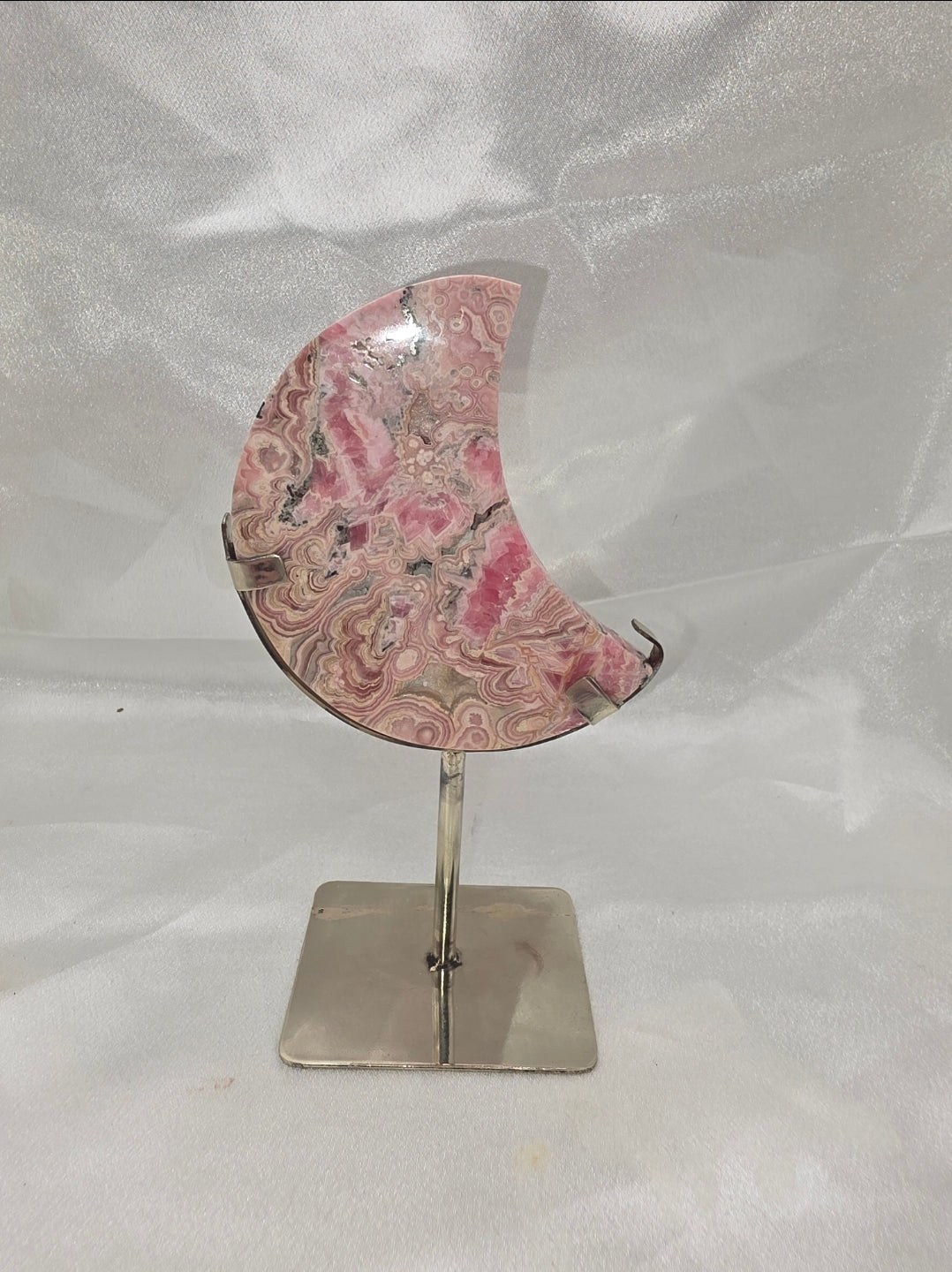 Rhodochrosite Crescent Moon on Custom Silver Stand – Medium (Collector’s Piece • Argentina)