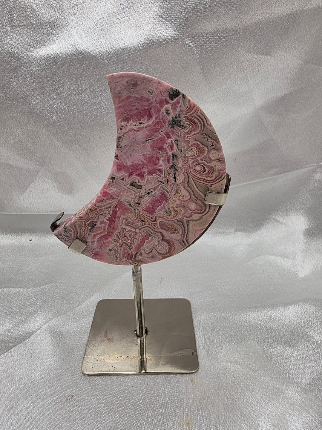 Rhodochrosite Crescent Moon on Custom Silver Stand – Medium (Collector’s Piece • Argentina)