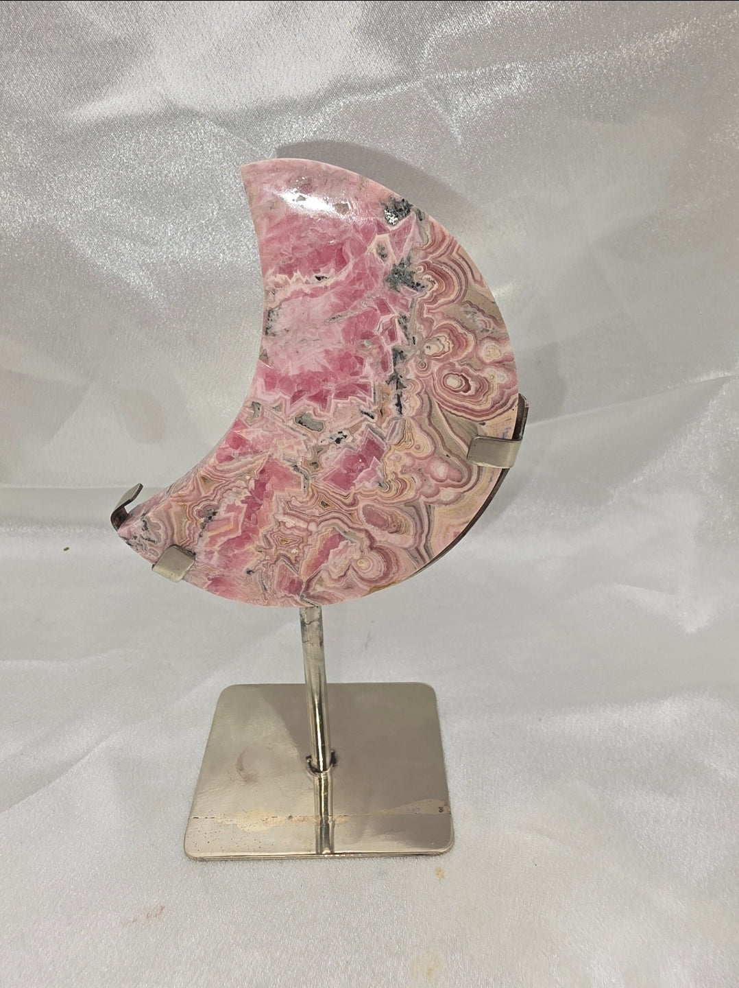 Rhodochrosite Crescent Moon on Custom Silver Stand – Medium (Collector’s Piece • Argentina)