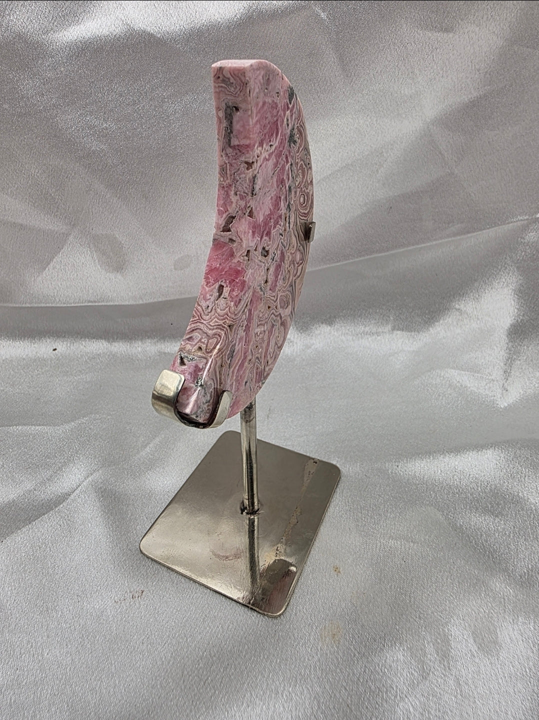 Rhodochrosite Crescent Moon on Custom Silver Stand – Medium (Collector’s Piece • Argentina)
