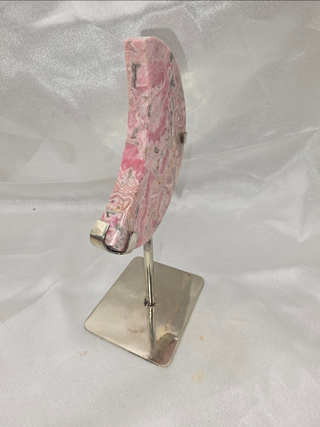 Rhodochrosite Crescent Moon on Custom Silver Stand – Medium (Collector’s Piece • Argentina)