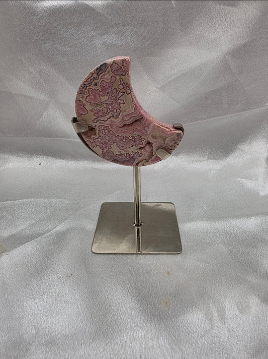 Rhodochrosite Crescent Moon on Custom Silver Stand – Small (Collector’s Piece • Argentina)